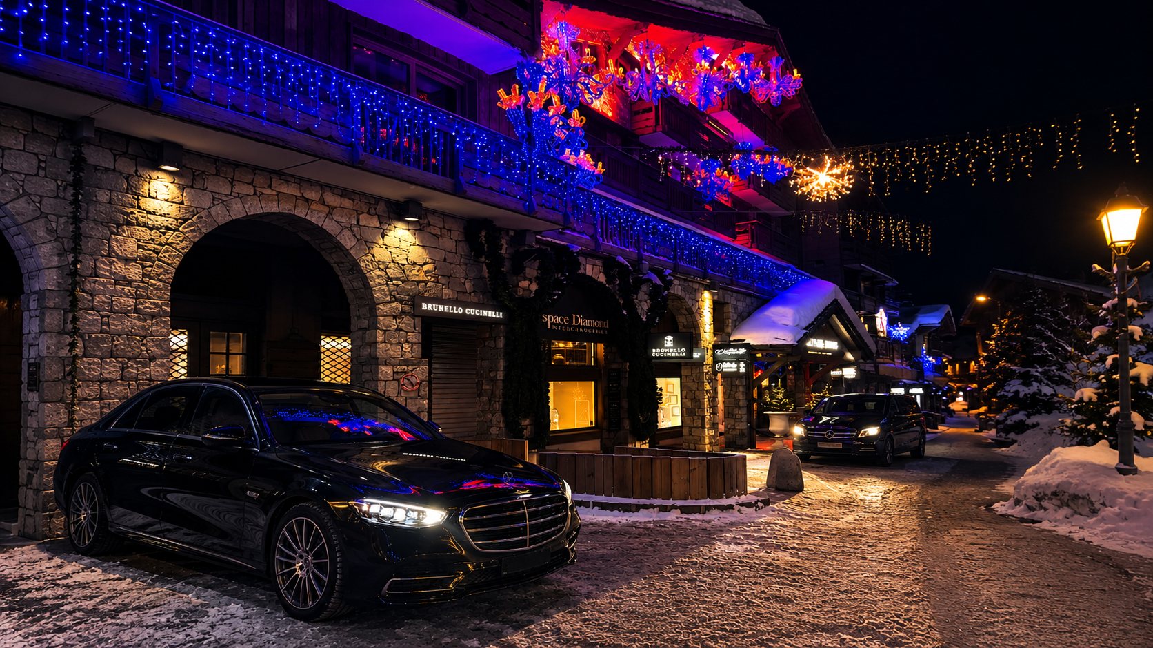 Mercedes S-Class on a luxury-boutique street in an alpine resort