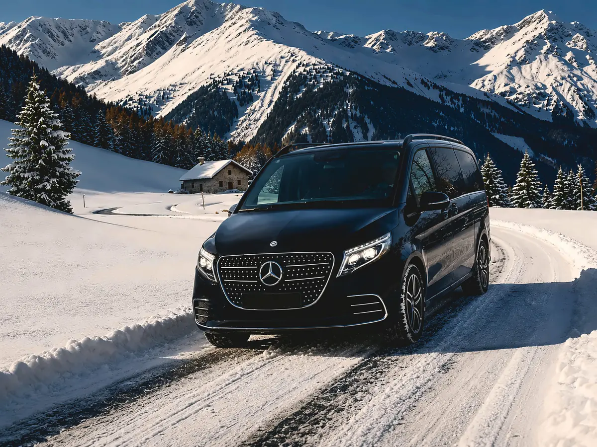 Mercedes V-Class on a snowy alpine road